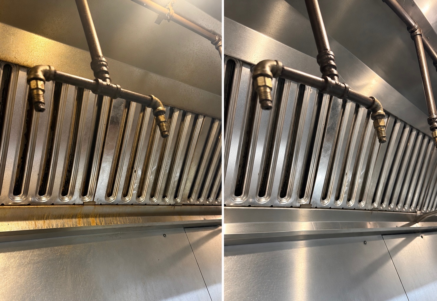 Side-by-side hood cleaning comparison: grease on the filters and surrounding steel before service, and cleaned surfaces afterward