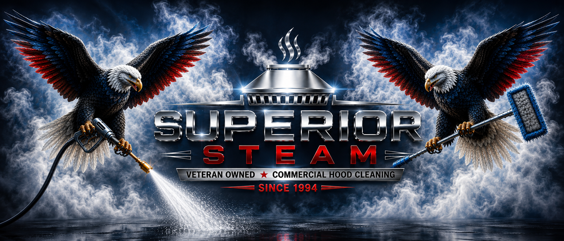 Superior Steam eagles with commercial hood-cleaning equipment and company logo